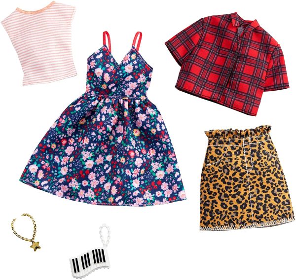 Barbie Clothes 2 Outfits Floral Dress, Striped T-Shirt, Animal Print Skirt, Plaid Top, Piano Key Purse and Necklace Online Sale