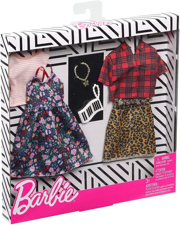 Barbie Clothes 2 Outfits Floral Dress, Striped T-Shirt, Animal Print Skirt, Plaid Top, Piano Key Purse and Necklace Online Sale